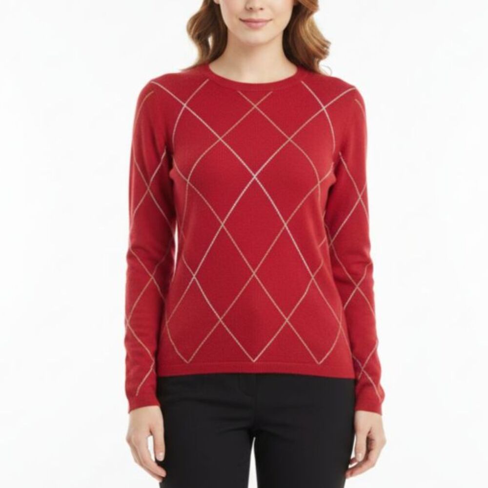 Lands' End Women's Red Cashmere White Argyle Stitch Crewneck LS Sweater Size S